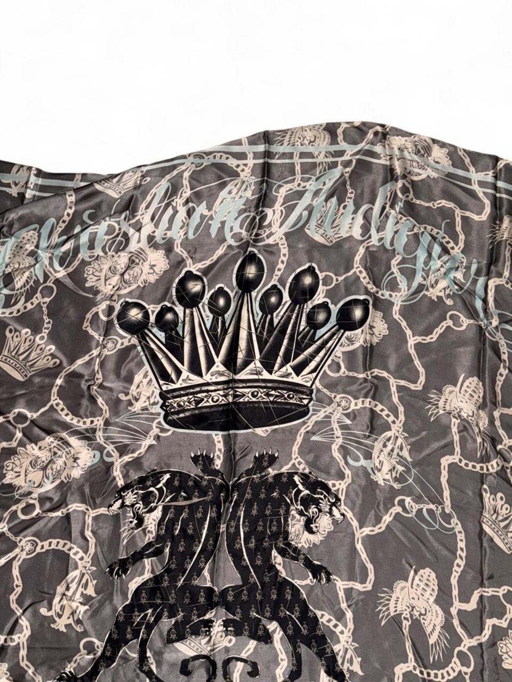 Christian Audigier Gray and Black Crown & Lion Print Scarf - Picture 3 of 3